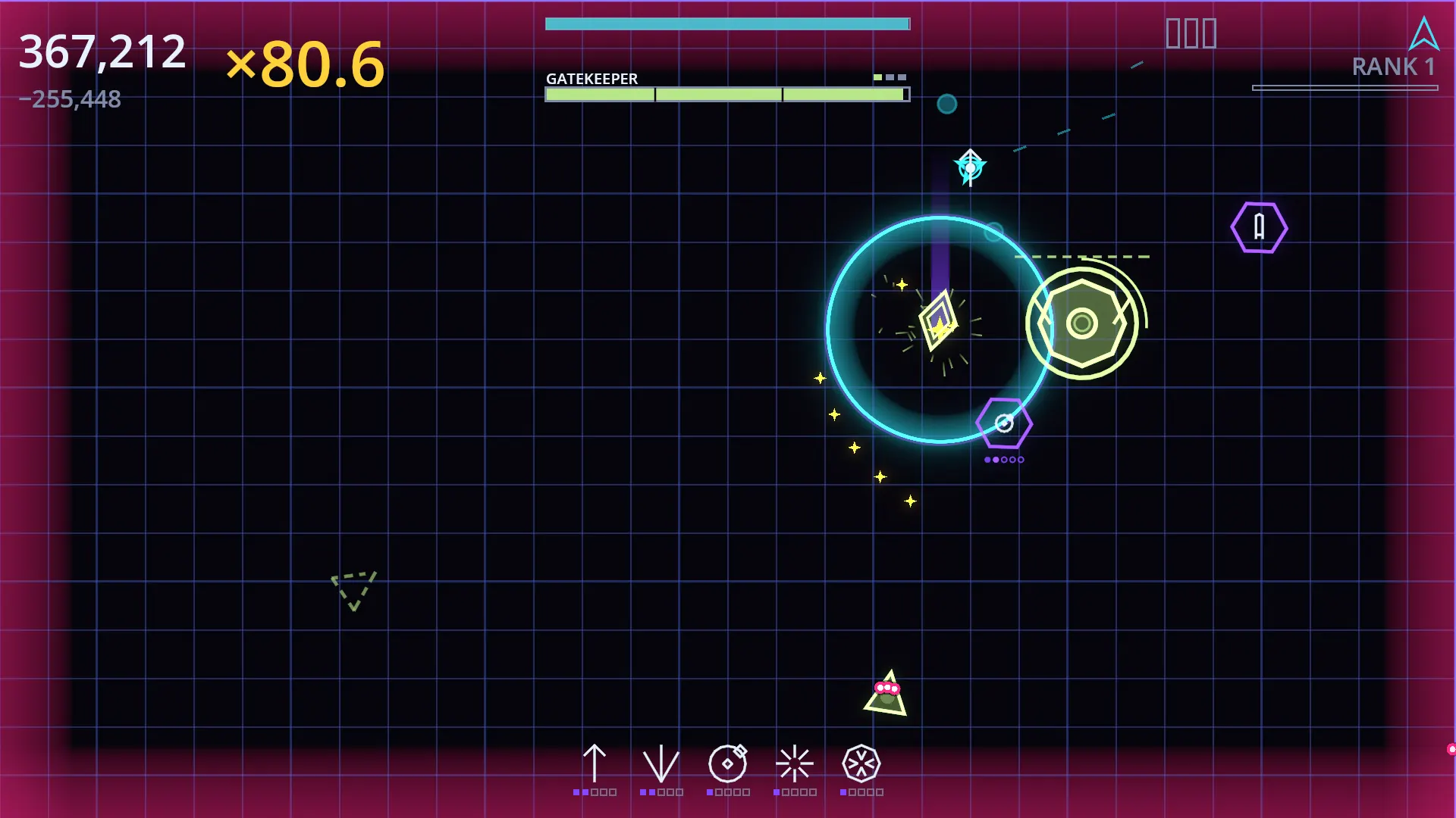 Bullet Glory: a cyan shield ring and a glowing elite enemy inside a neon arena ringed in magenta, with an x80.6 multiplier