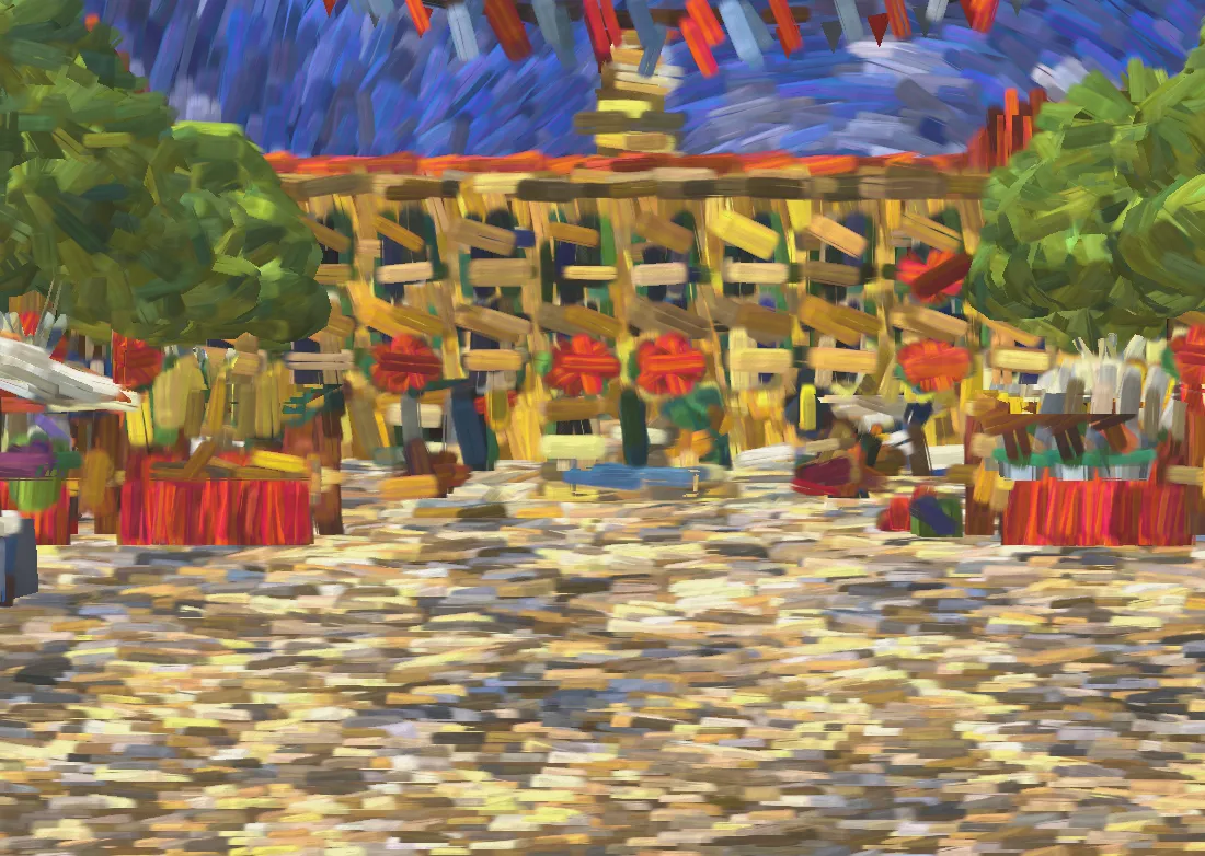 Held Between Us: a painterly market square under a swirling blue sky, seen through the body's eyes