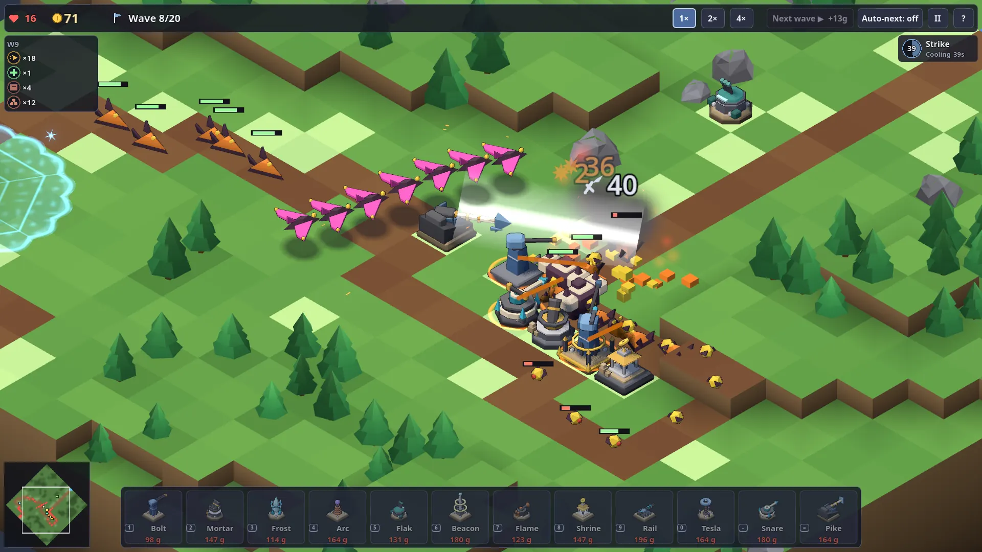 Pocket TD: an isometric grassland map where a cluster of towers fires on flyers and raiders coming down a brown path