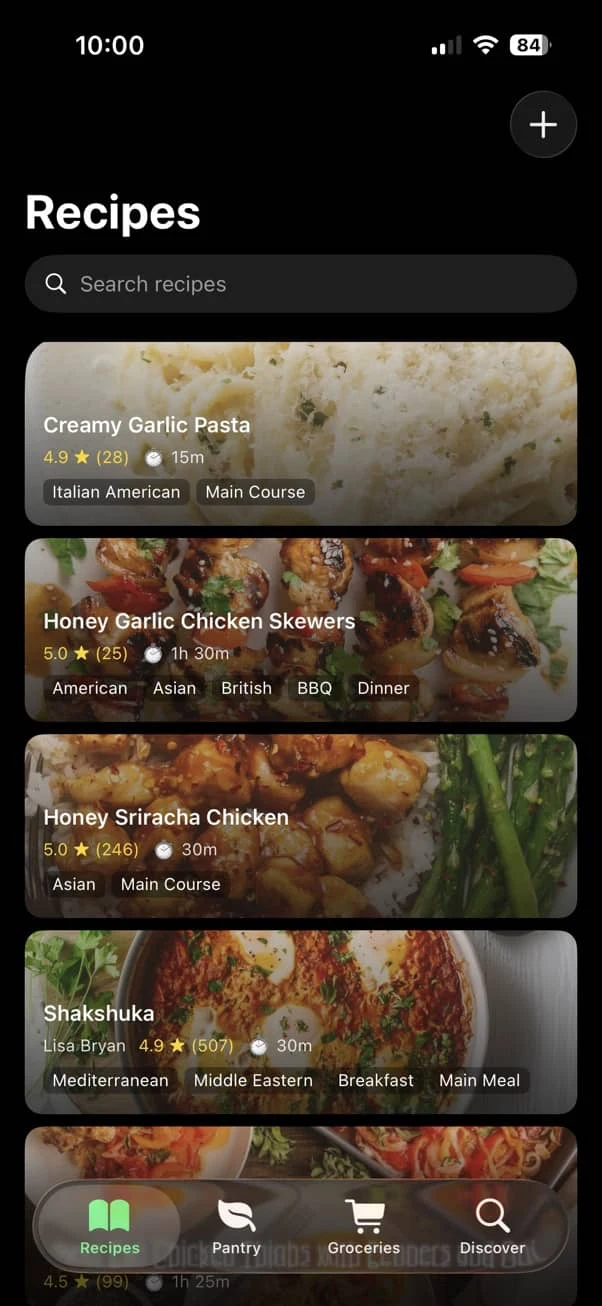 Assistant Chef recipe library with photo cards, ratings and cook times