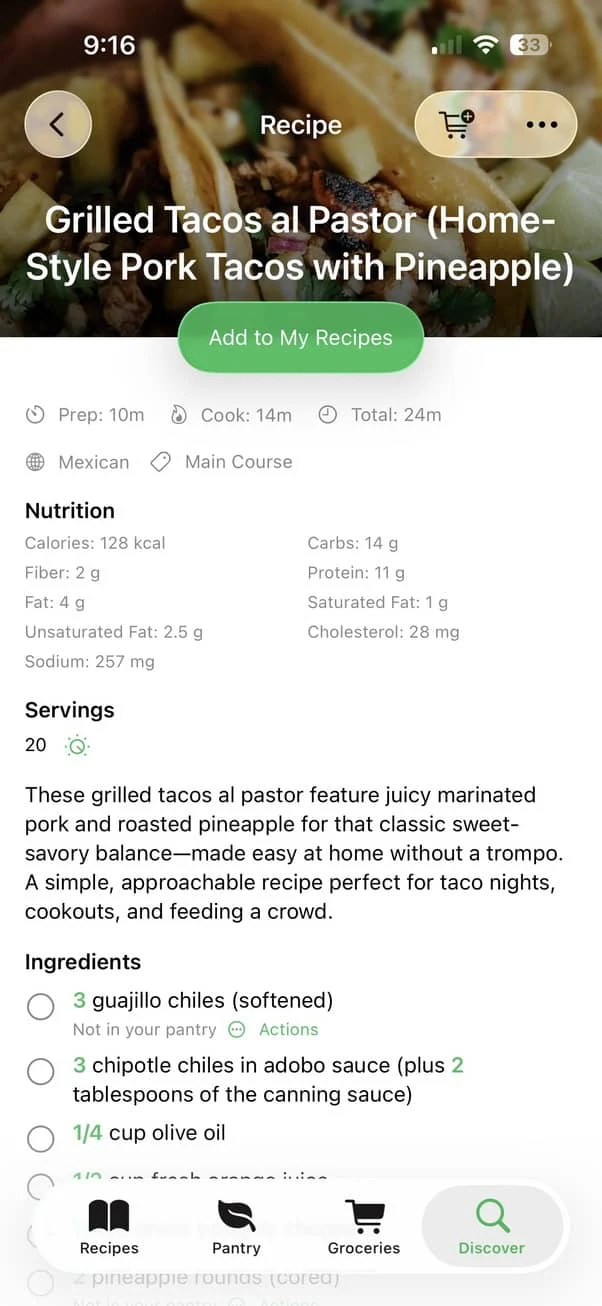 Assistant Chef recipe detail with nutrition, servings and ingredients checked against the pantry
