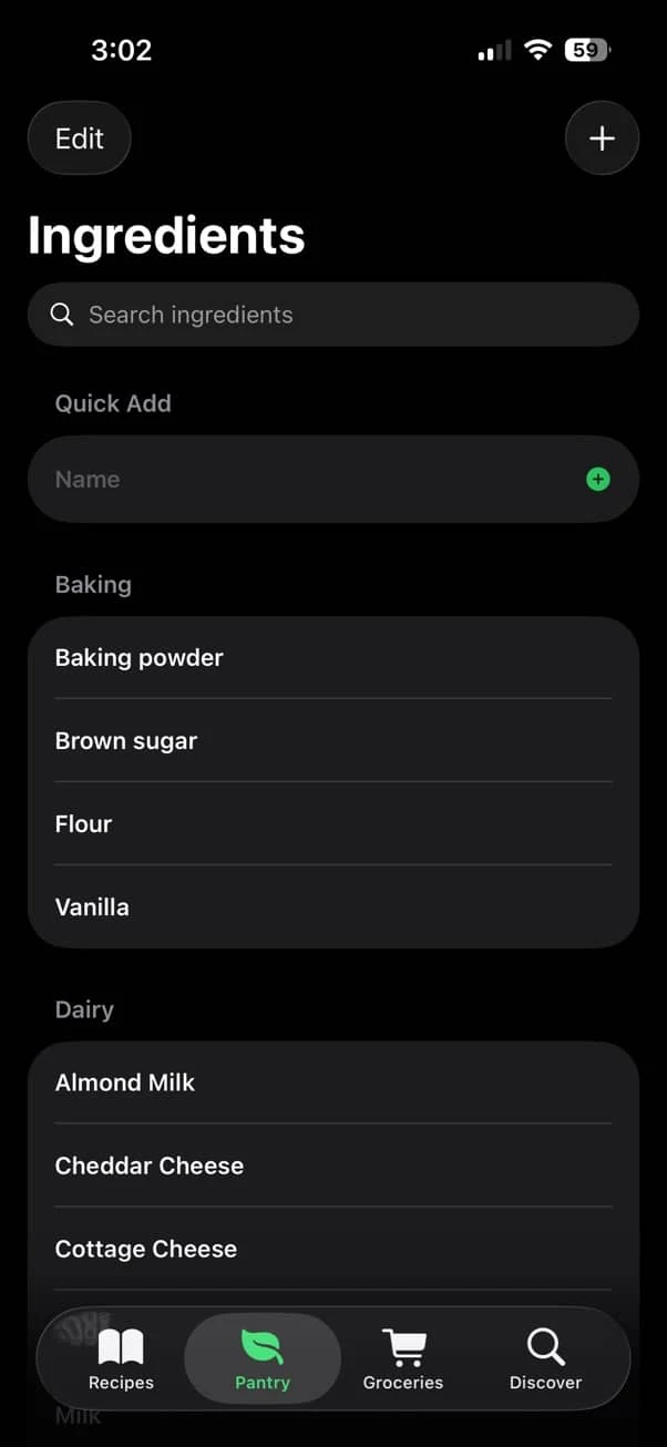 Assistant Chef pantry grouped by baking and dairy with a quick add field