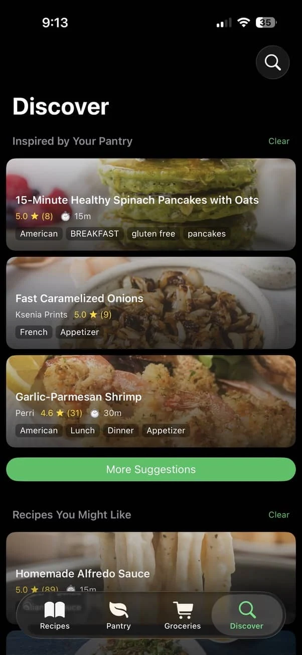 Assistant Chef Discover screen with recipes inspired by your pantry