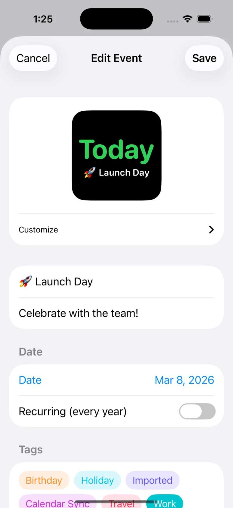Attente event detail with date, recurring toggle and tags