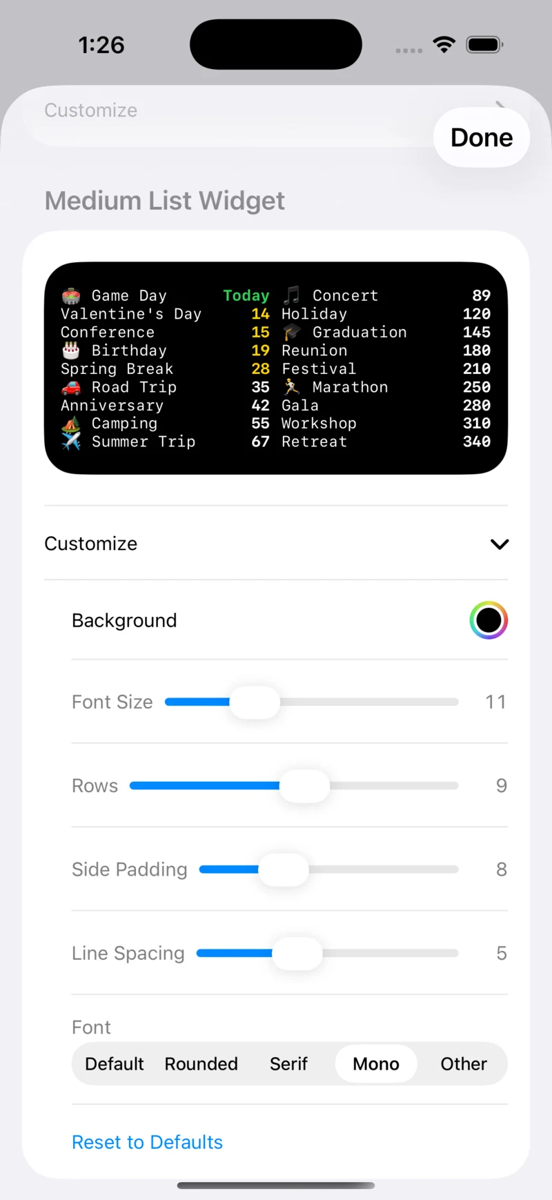 Attente widget customization with font, rows and spacing controls