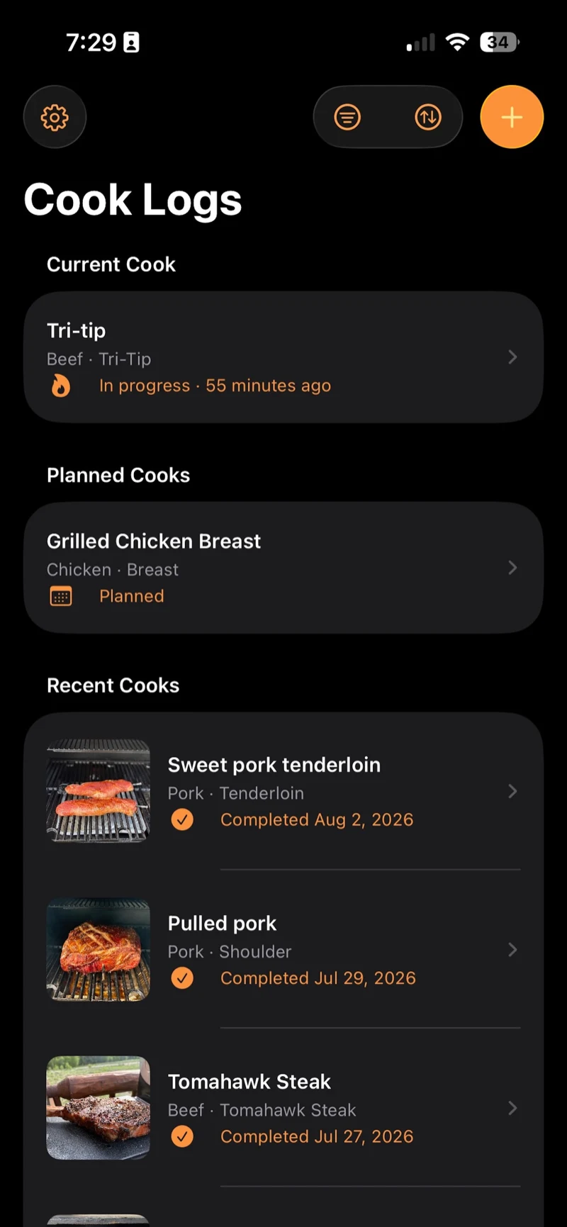 BBQ Buddy cook logs with a current cook, a planned cook and recent cooks