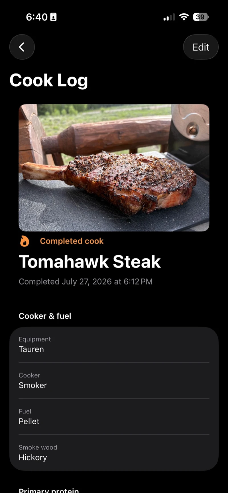 BBQ Buddy completed tomahawk steak cook with photo, cooker and fuel