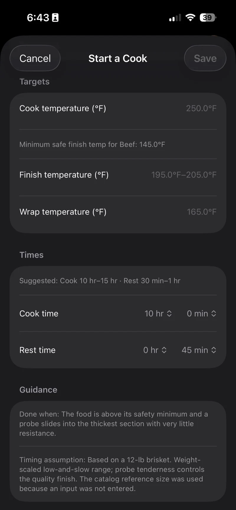 BBQ Buddy start a cook screen with target temperatures, cook time and rest time