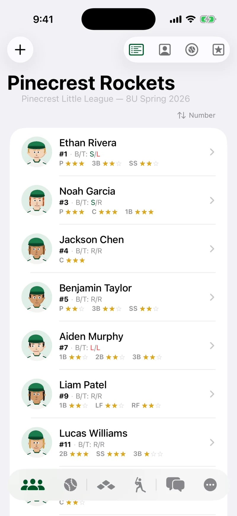 Caught Looking roster list with player numbers and position ratings