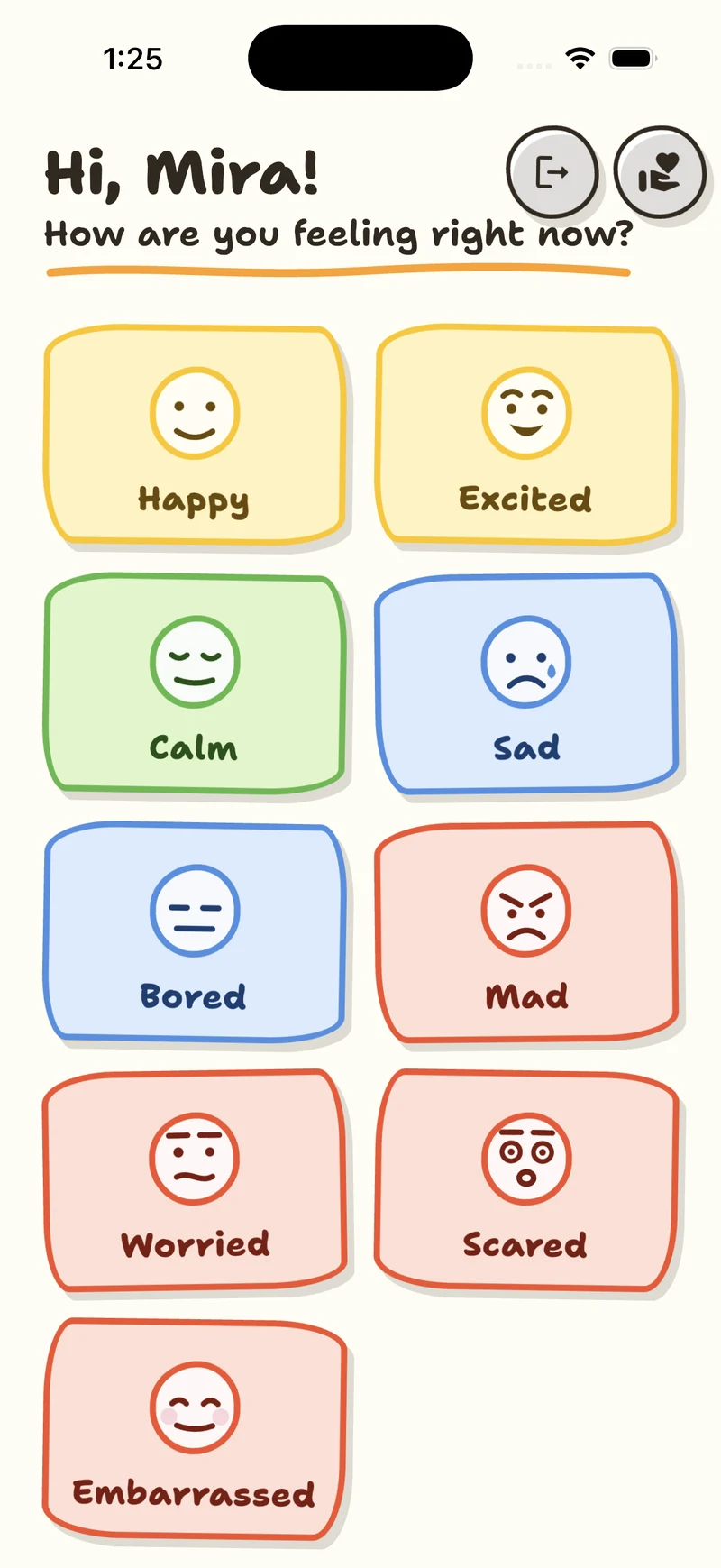 Mood Mates emotion grid with nine faces to pick from