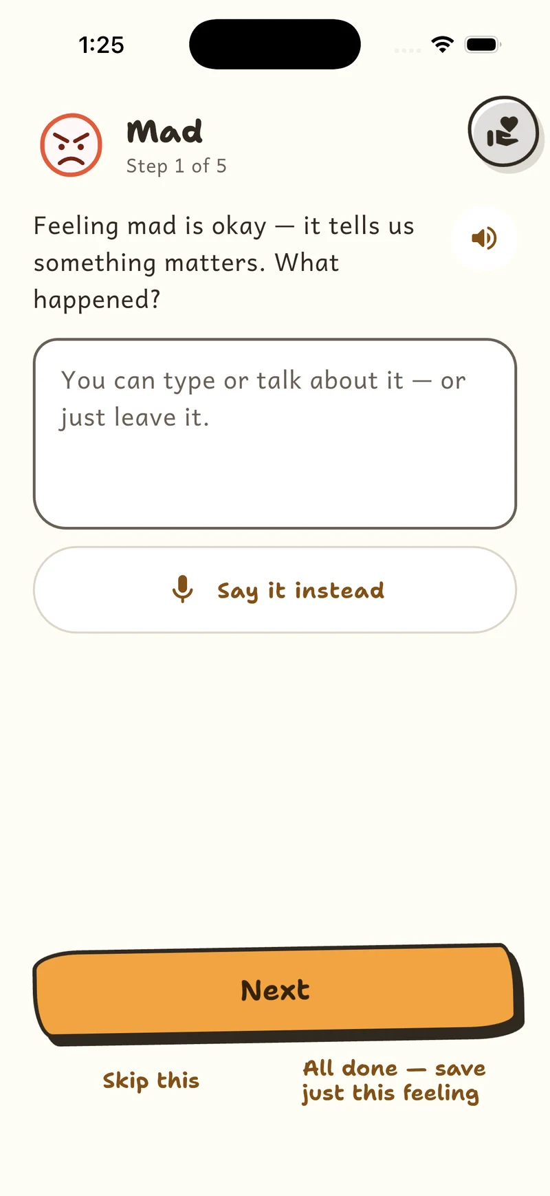 Mood Mates guided prompt with the option to type or speak
