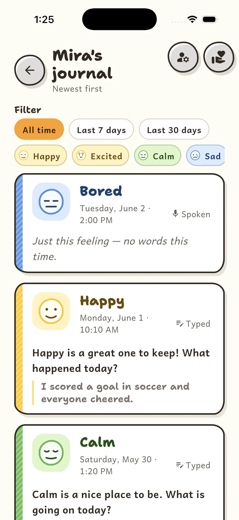 Mood Mates shared journal timeline with typed and spoken entries