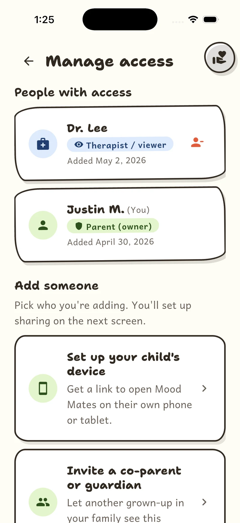 Mood Mates access screen listing a parent owner and a therapist viewer